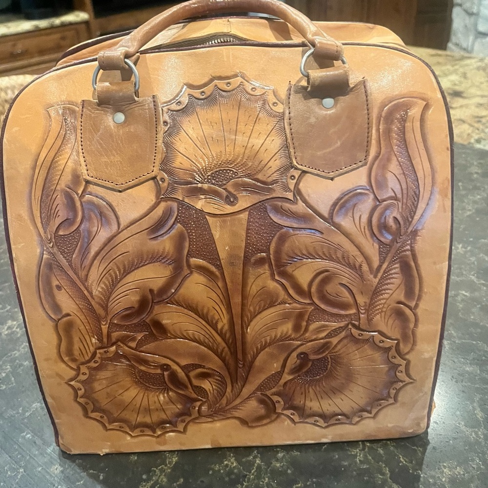 Vintage hand tooled Leather Bowling  Bag